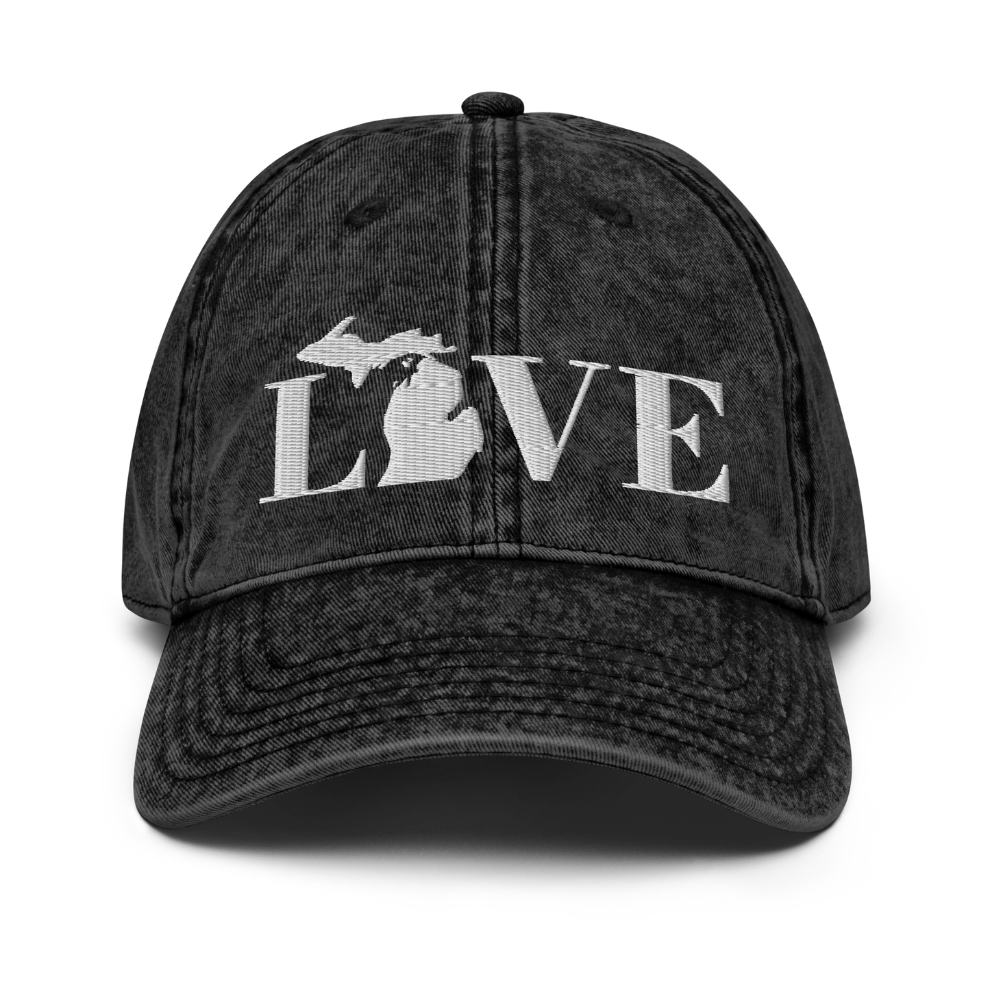 Michigan 'Love' Vintage Baseball Cap (Didone Font) | White Embroidery