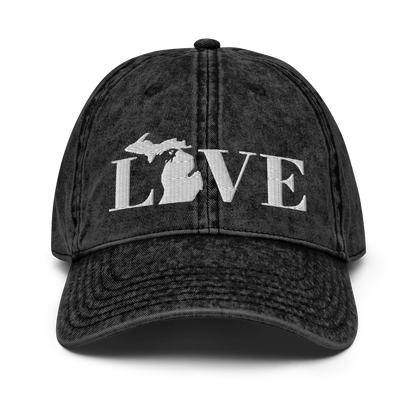 Michigan 'Love' Vintage Baseball Cap (Didone Font) | White Embroidery