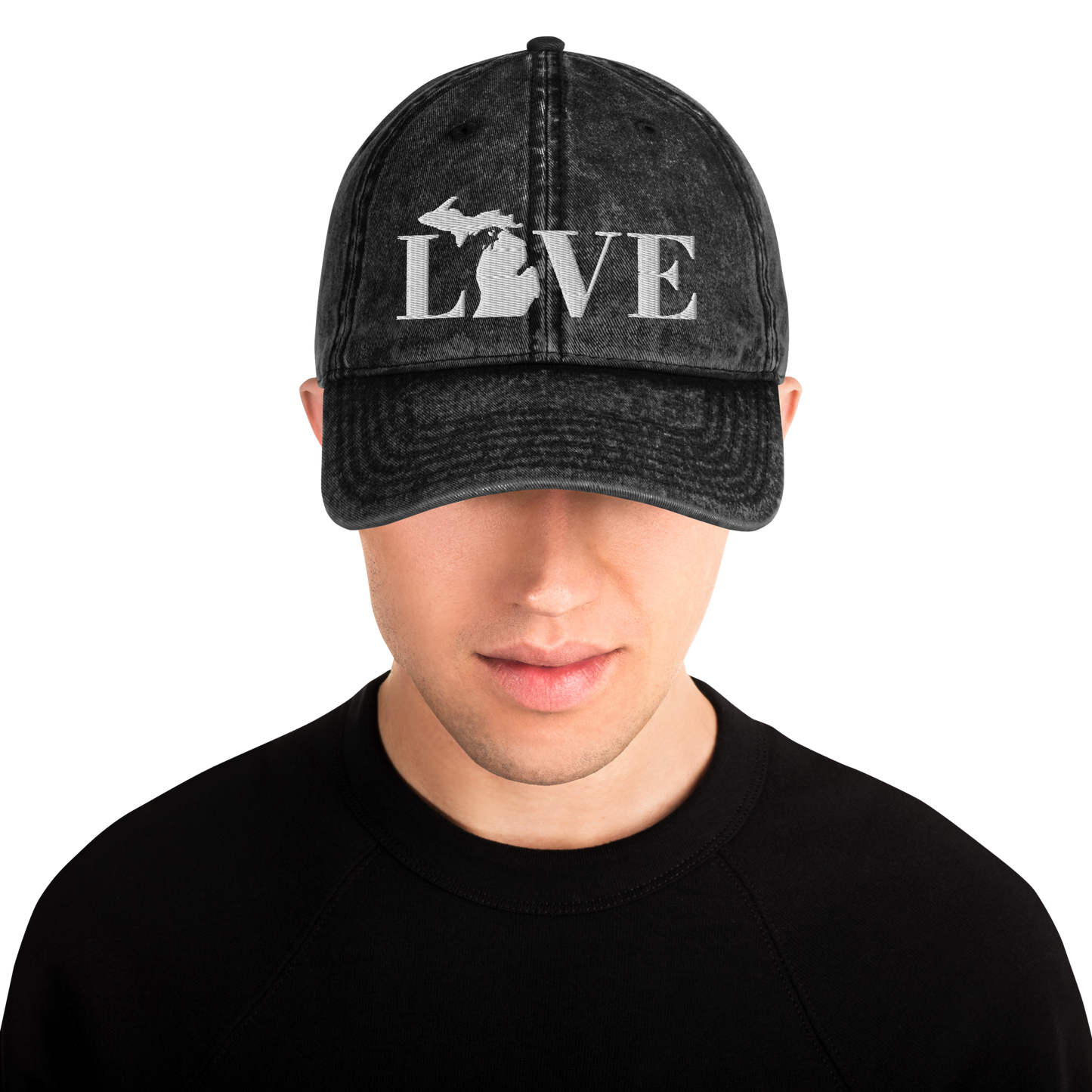 Michigan 'Love' Vintage Baseball Cap (Didone Font) | White Embroidery