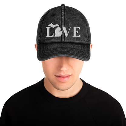 Michigan 'Love' Vintage Baseball Cap (Didone Font) | White Embroidery