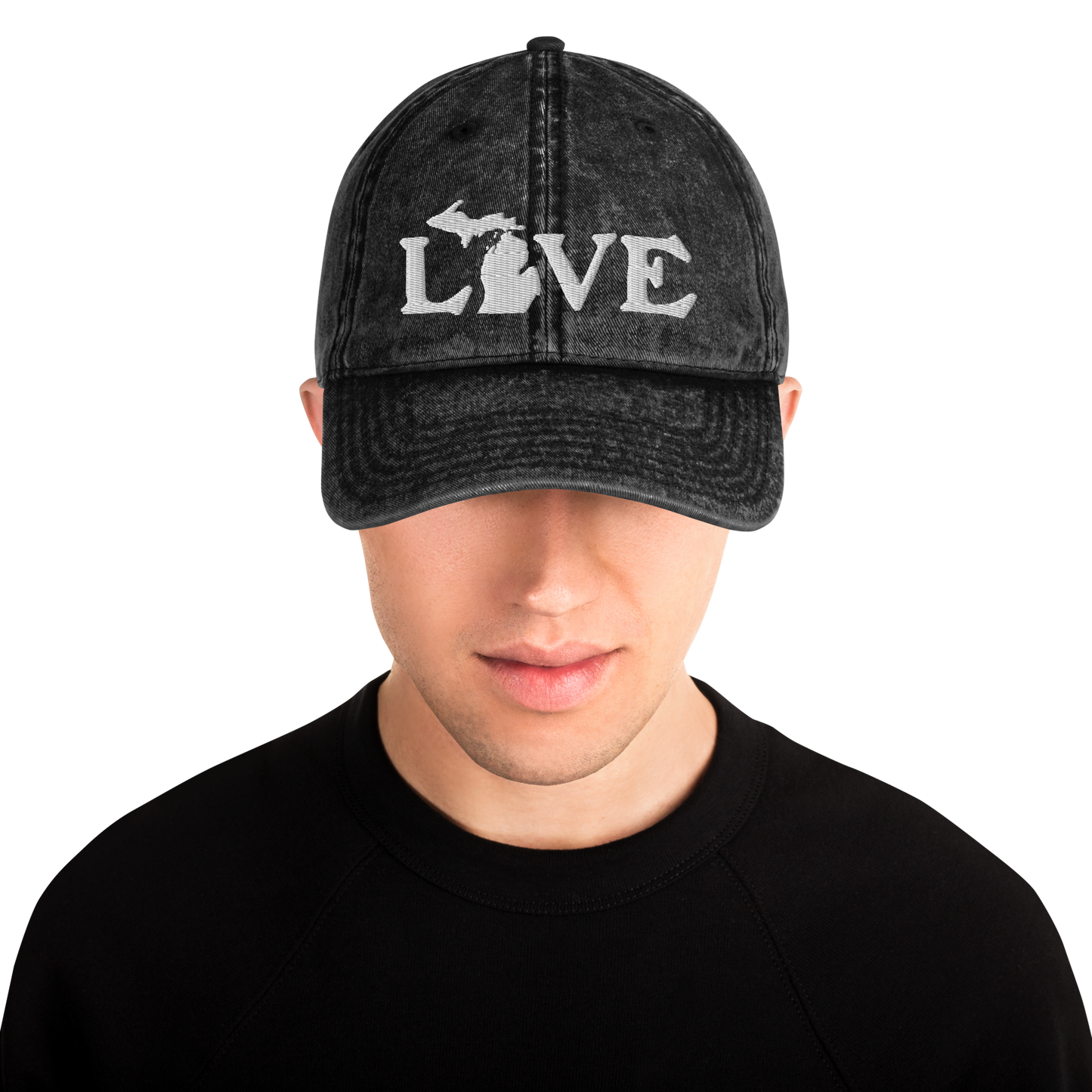 Michigan 'Love' Vintage Baseball Cap (Woodcut Font) | White Embroidery