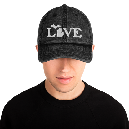 Michigan 'Love' Vintage Baseball Cap (Woodcut Font) | White Embroidery