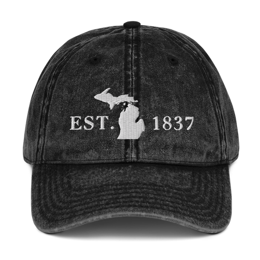 Michigan 'EST 1837' Vintage Baseball Cap (Didone Font w/ MI Outline) | White Embroidery