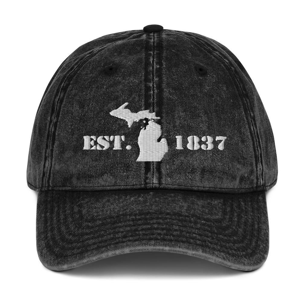 Michigan 'EST 1837' Vintage Baseball Cap (Army Font w/ MI Outline) | White Embroidery