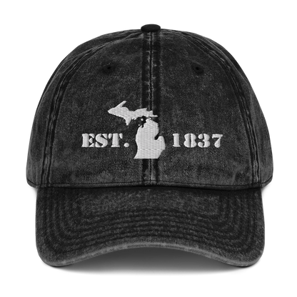 Michigan 'EST 1837' Vintage Baseball Cap (Army Font w/ MI Outline) | White Embroidery