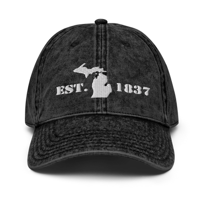 Michigan 'EST 1837' Vintage Baseball Cap (Army Font w/ MI Outline) | White Embroidery