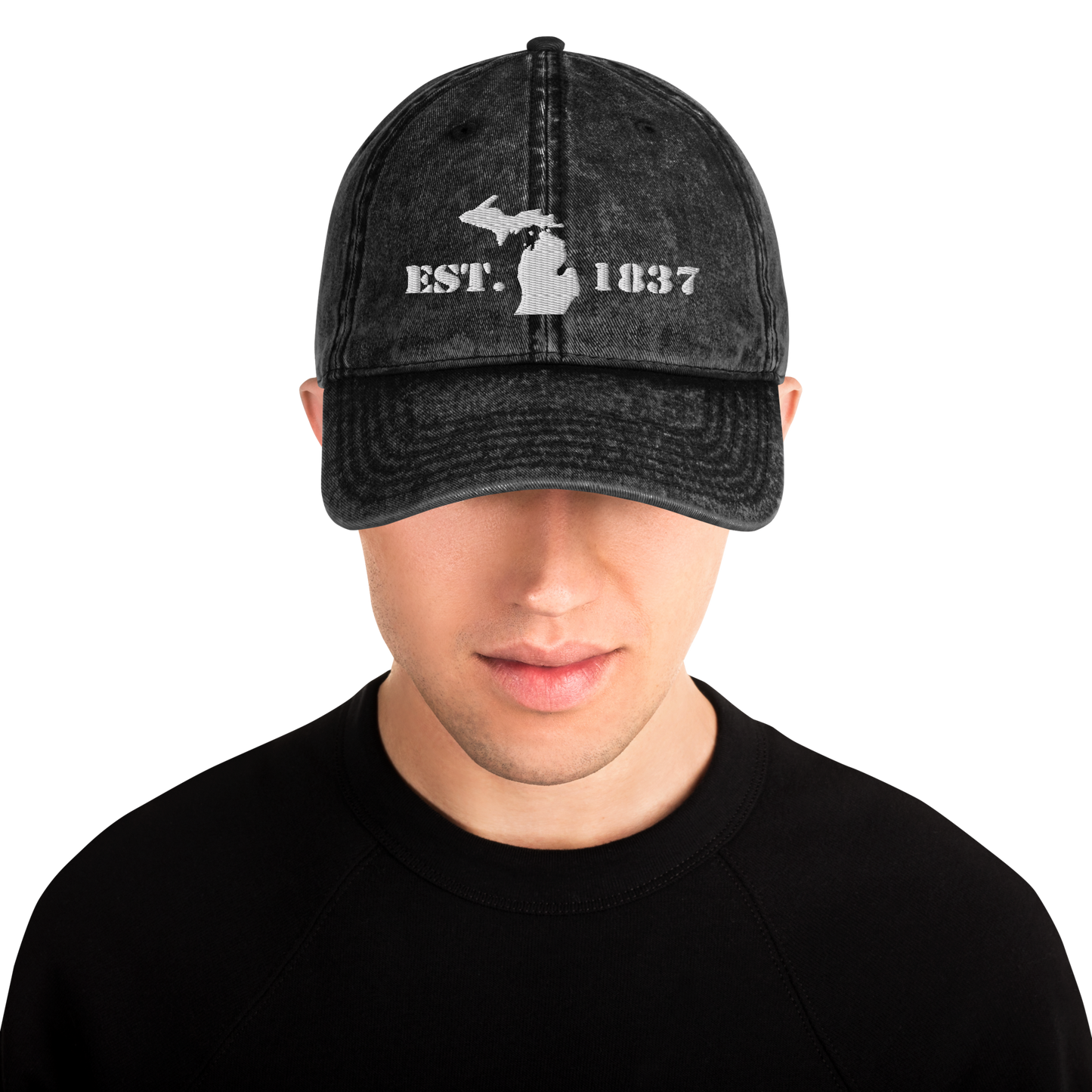 Michigan 'EST 1837' Vintage Baseball Cap (Army Font w/ MI Outline) | White Embroidery