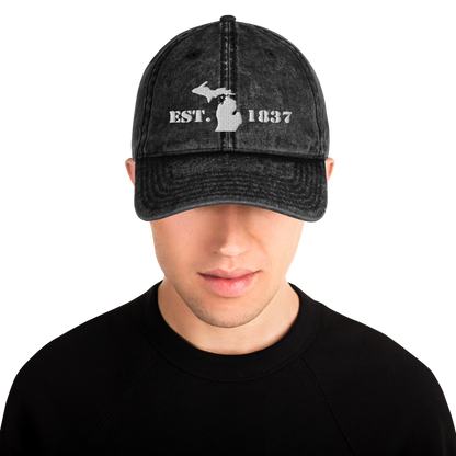 Michigan 'EST 1837' Vintage Baseball Cap (Army Font w/ MI Outline) | White Embroidery