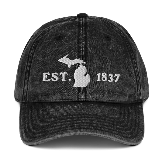 Michigan 'EST 1837' Vintage Baseball Cap (Woodcut Font w/ MI Outline) | White Embroidery