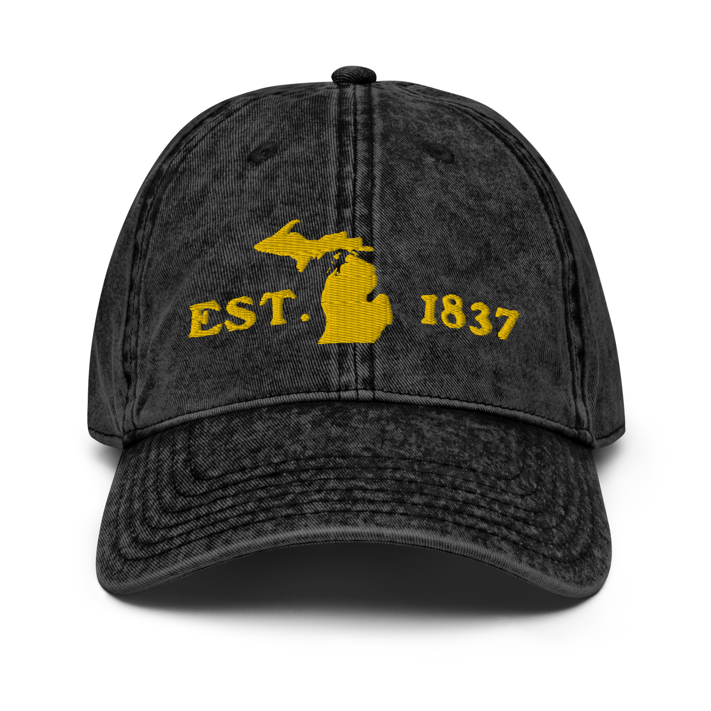 Michigan 'EST 1837' Vintage Baseball Cap (Woodcut Font w/ MI Outline) | Gold Embroidery