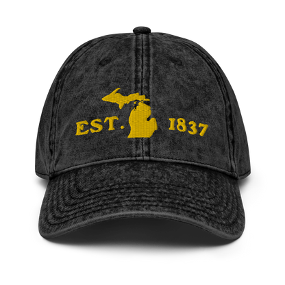 Michigan 'EST 1837' Vintage Baseball Cap (Woodcut Font w/ MI Outline) | Gold Embroidery