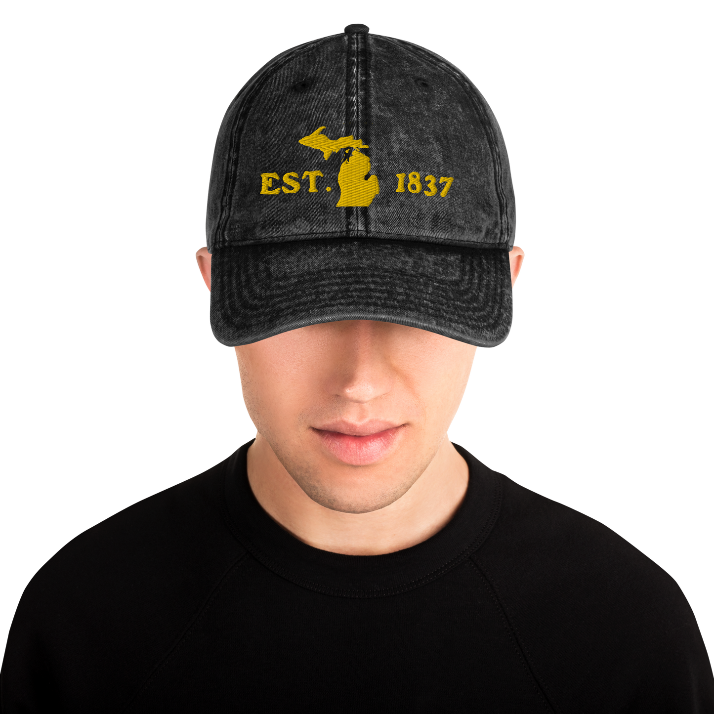 Michigan 'EST 1837' Vintage Baseball Cap (Woodcut Font w/ MI Outline) | Gold Embroidery