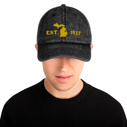 Michigan 'EST 1837' Vintage Baseball Cap (Woodcut Font w/ MI Outline) | Gold Embroidery