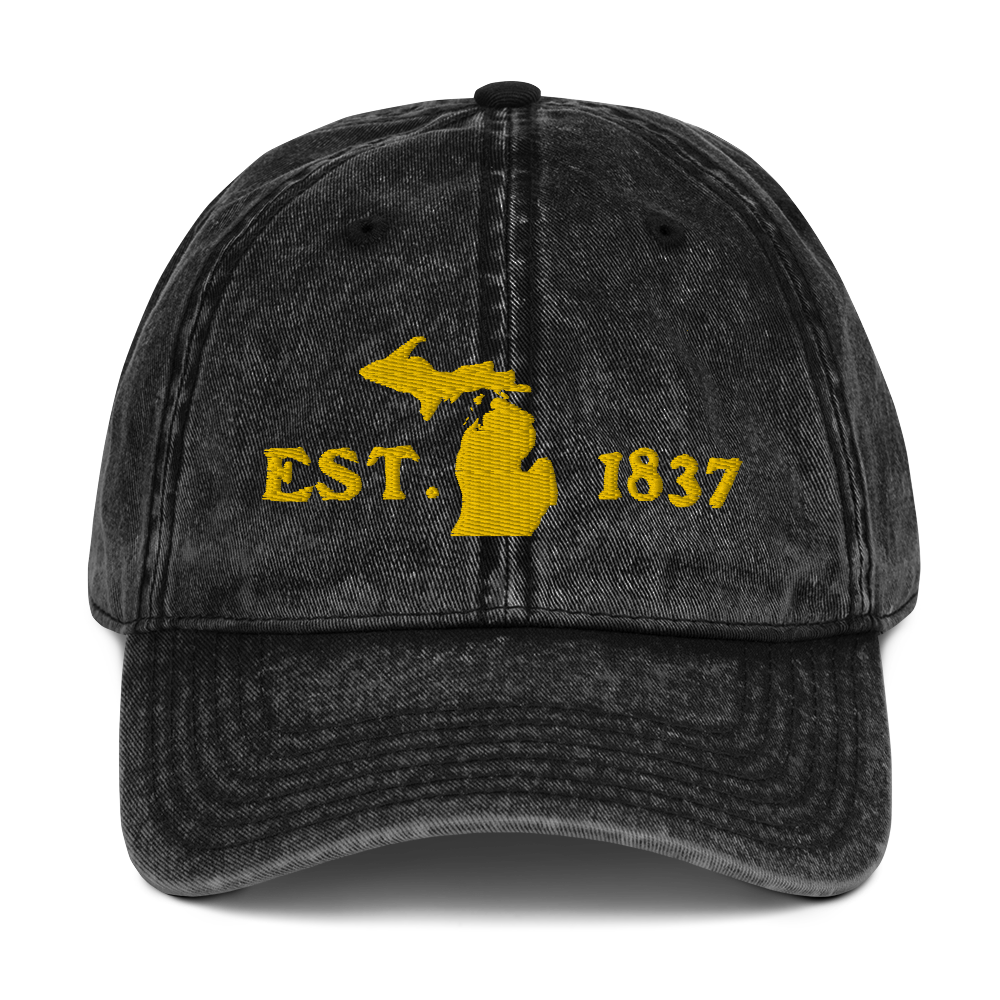 Michigan 'EST 1837' Vintage Baseball Cap (Woodcut Font w/ MI Outline) | Gold Embroidery