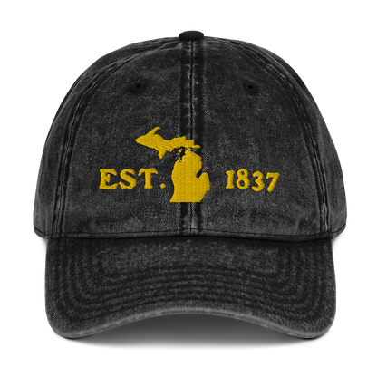 Michigan 'EST 1837' Vintage Baseball Cap (Woodcut Font w/ MI Outline) | Gold Embroidery