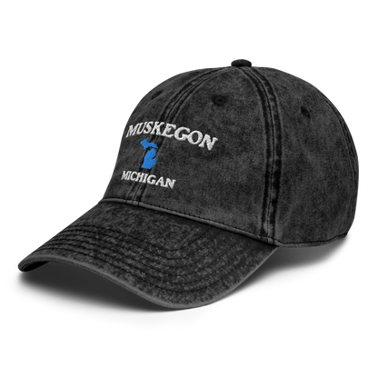 'Muskegon Michigan' Vintage Baseball Cap (w/ Michigan Outline)