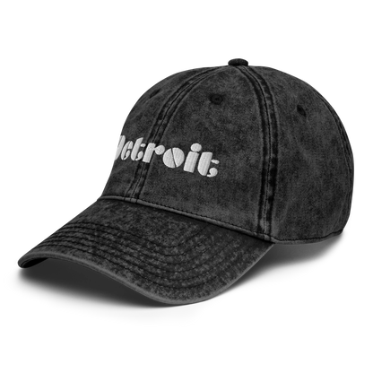 'Detroit' Vintage Baseball Cap (Art Deco Font) | White/Black Embroidery