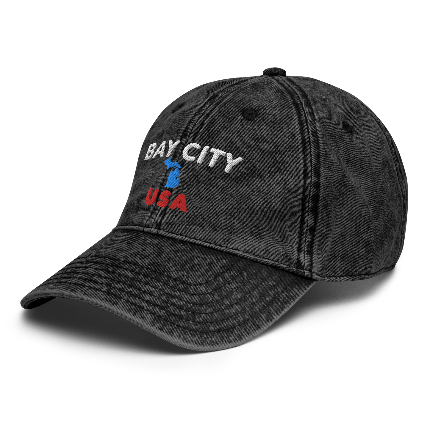 'Bay City USA' Vintage Baseball Cap (w/ Michigan Outline)