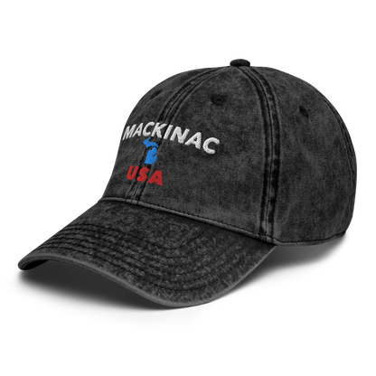 'Mackinac USA' Vintage Baseball Cap (w/ Michigan Outline)