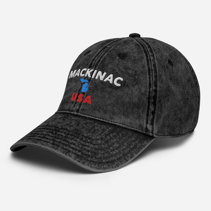 'Mackinac USA' Vintage Baseball Cap (w/ Michigan Outline)