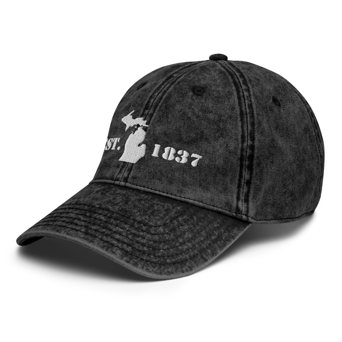 Michigan 'EST 1837' Vintage Baseball Cap (Army Font w/ MI Outline) | White Embroidery