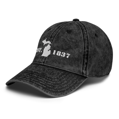 Michigan 'EST 1837' Vintage Baseball Cap (Army Font w/ MI Outline) | White Embroidery