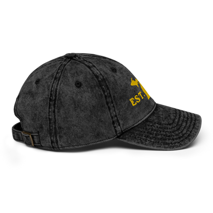 Michigan 'EST 1837' Vintage Baseball Cap (Woodcut Font w/ MI Outline) | Gold Embroidery