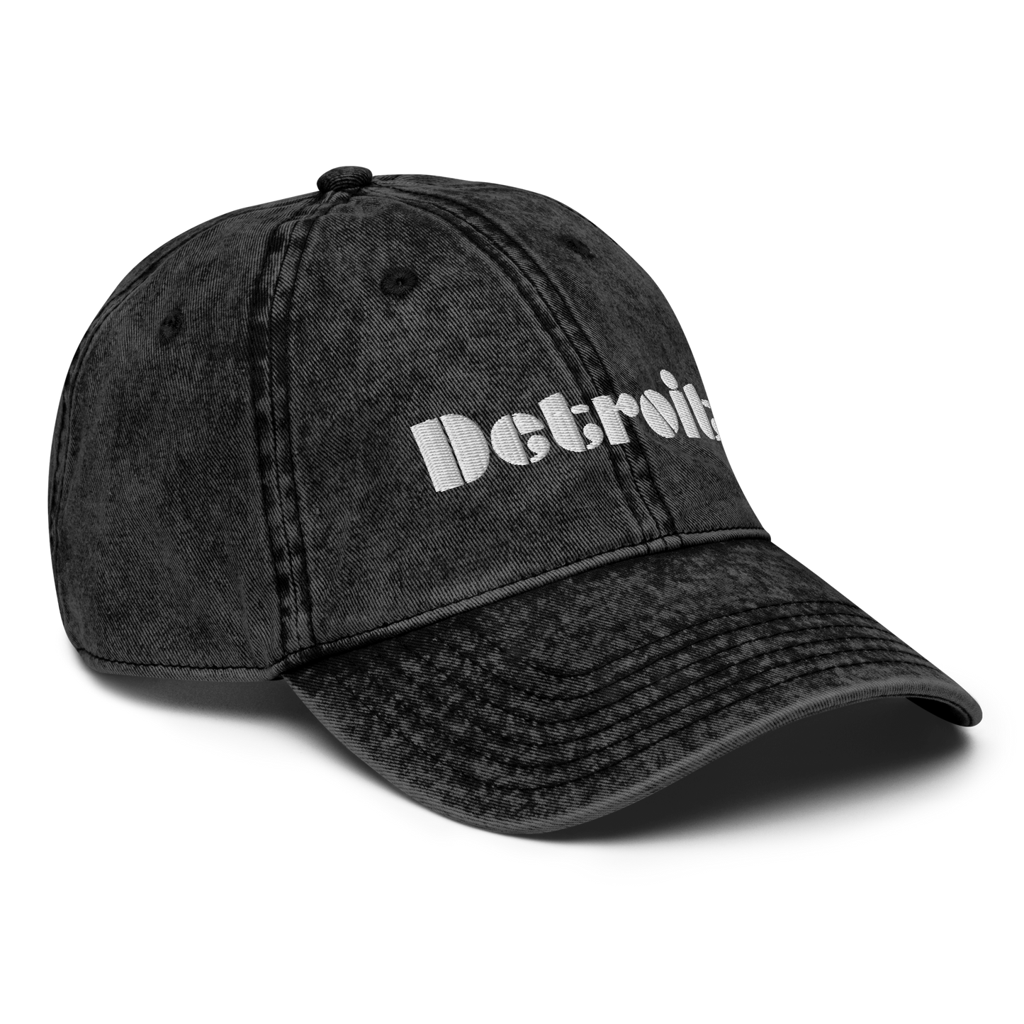 'Detroit' Vintage Baseball Cap (Art Deco Font) | White/Black Embroidery