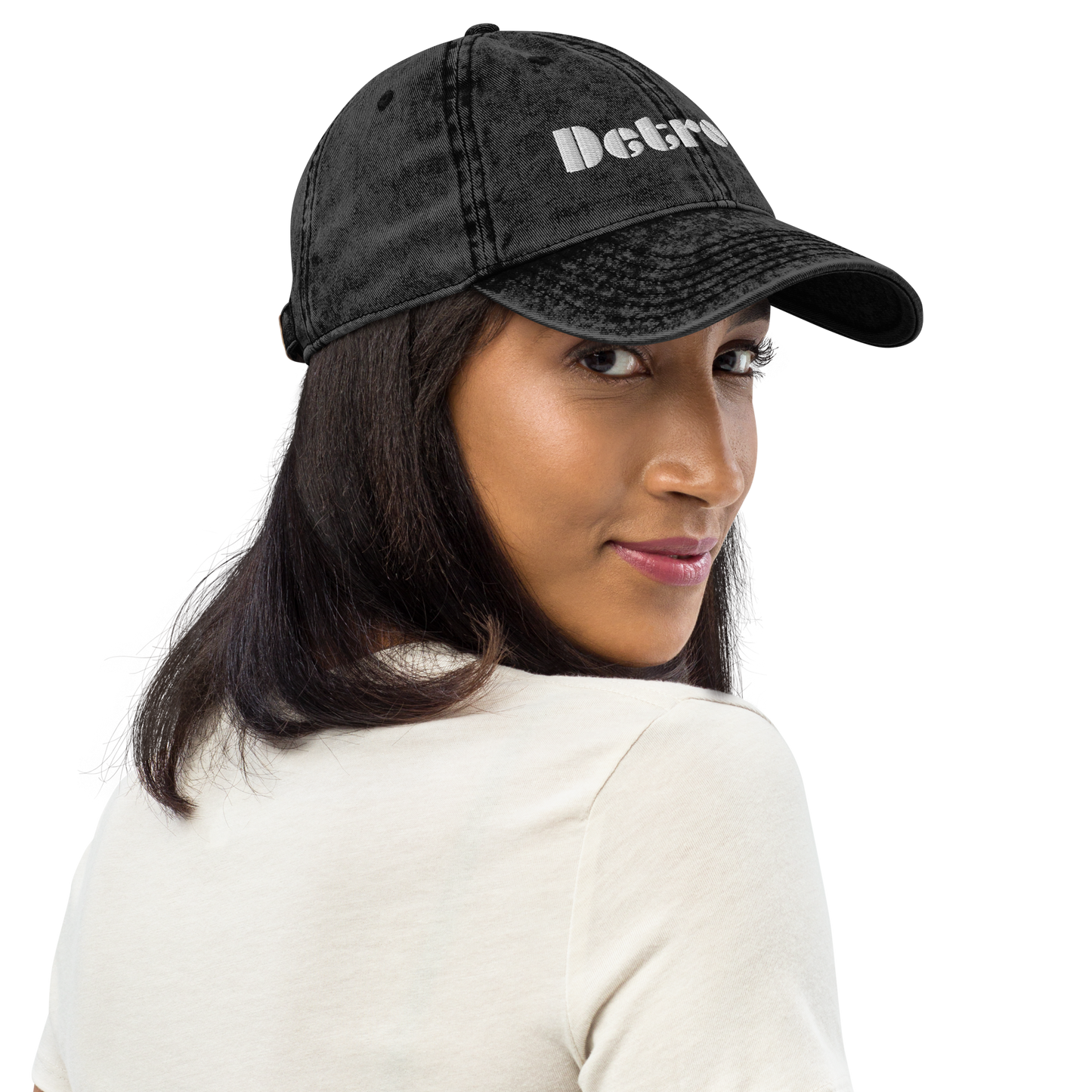 'Detroit' Vintage Baseball Cap (Art Deco Font) | White/Black Embroidery