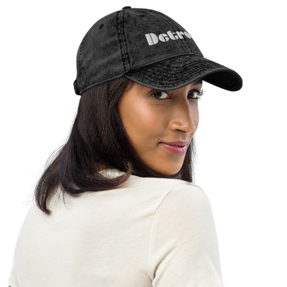 'Detroit' Vintage Baseball Cap (Art Deco Font) | White/Black Embroidery