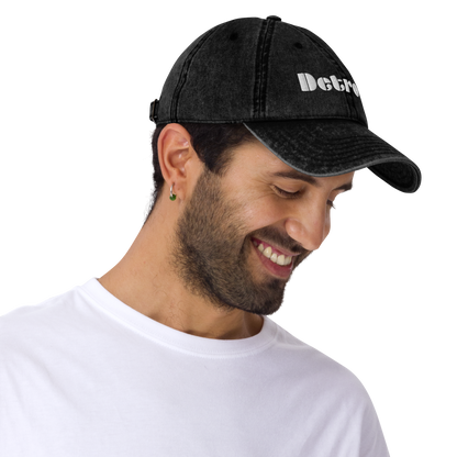 'Detroit' Vintage Baseball Cap (Art Deco Font) | White/Black Embroidery