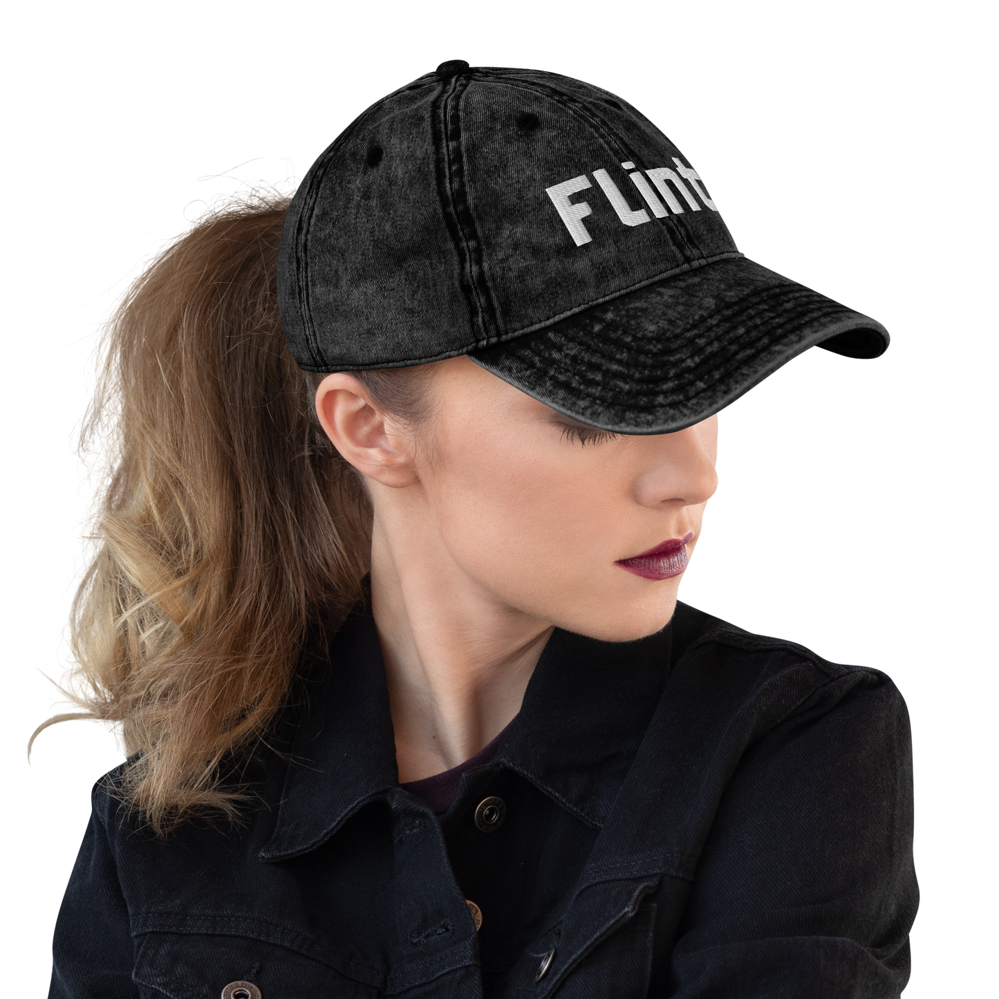 'Flint' Vintage Baseball Cap | White/Black Embroidery