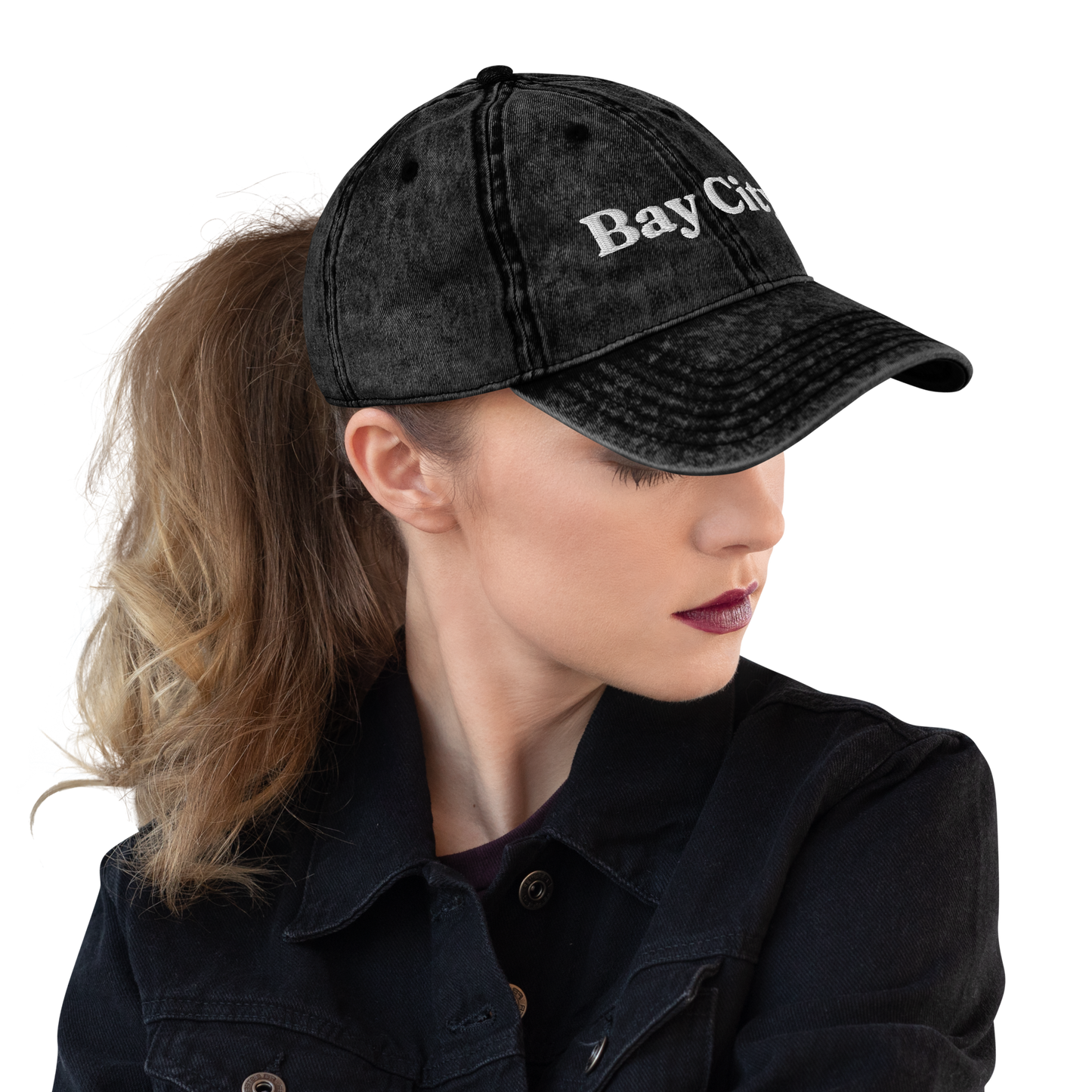 'Bay City' Vintage Baseball Cap | White/Black Embroidery