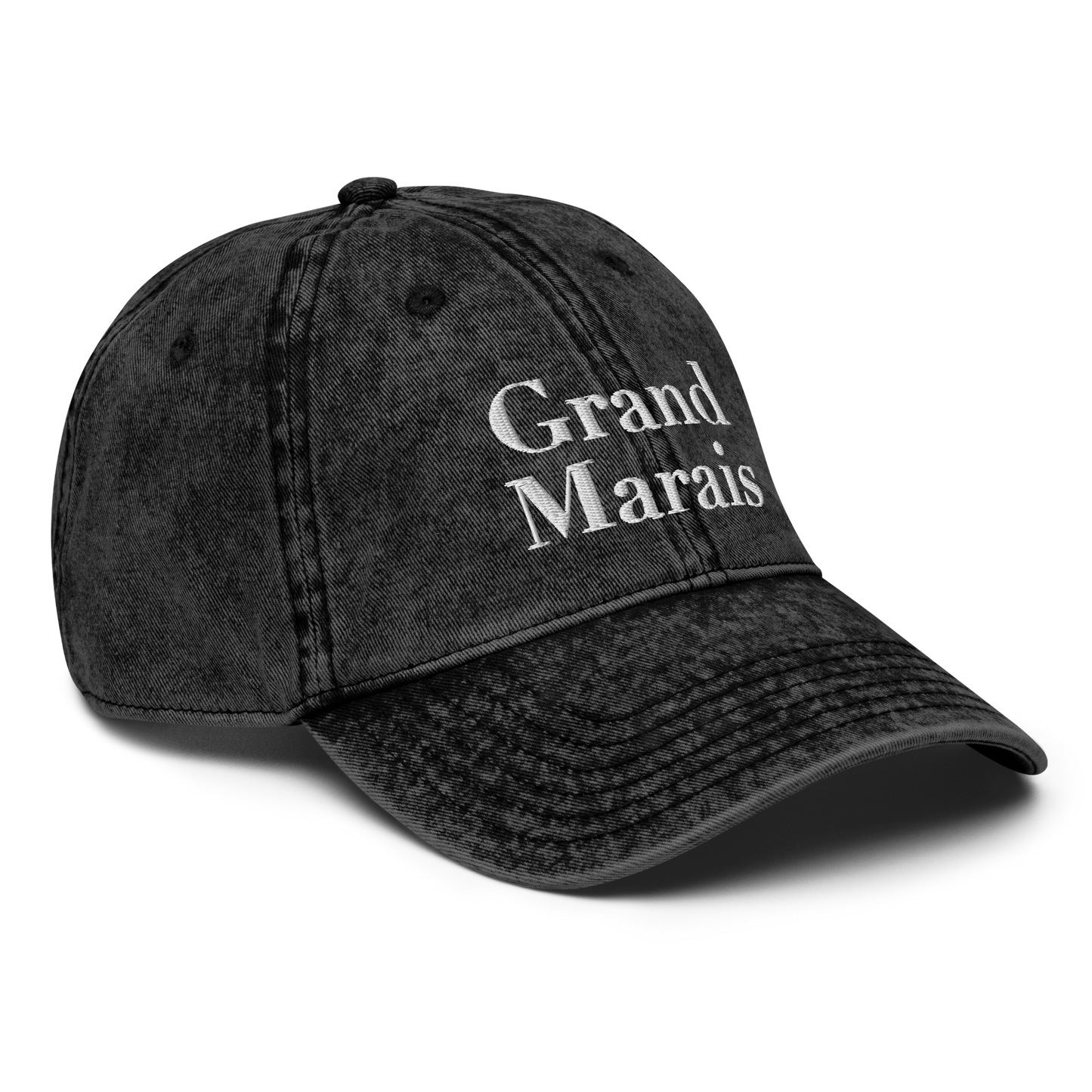 'Grand Marais' Vintage Baseball Cap | White/Black Embroidery