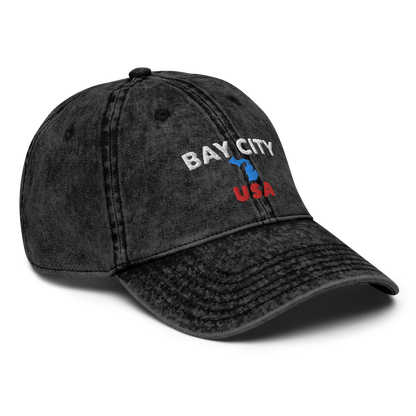 'Bay City USA' Vintage Baseball Cap (w/ Michigan Outline)