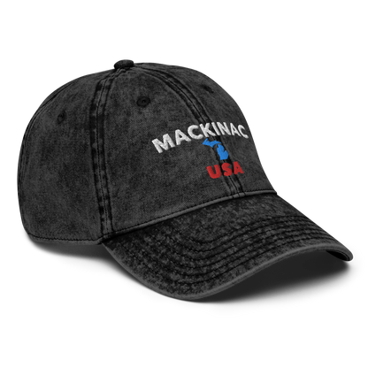 'Mackinac USA' Vintage Baseball Cap (w/ Michigan Outline)