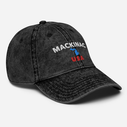 'Mackinac USA' Vintage Baseball Cap (w/ Michigan Outline)