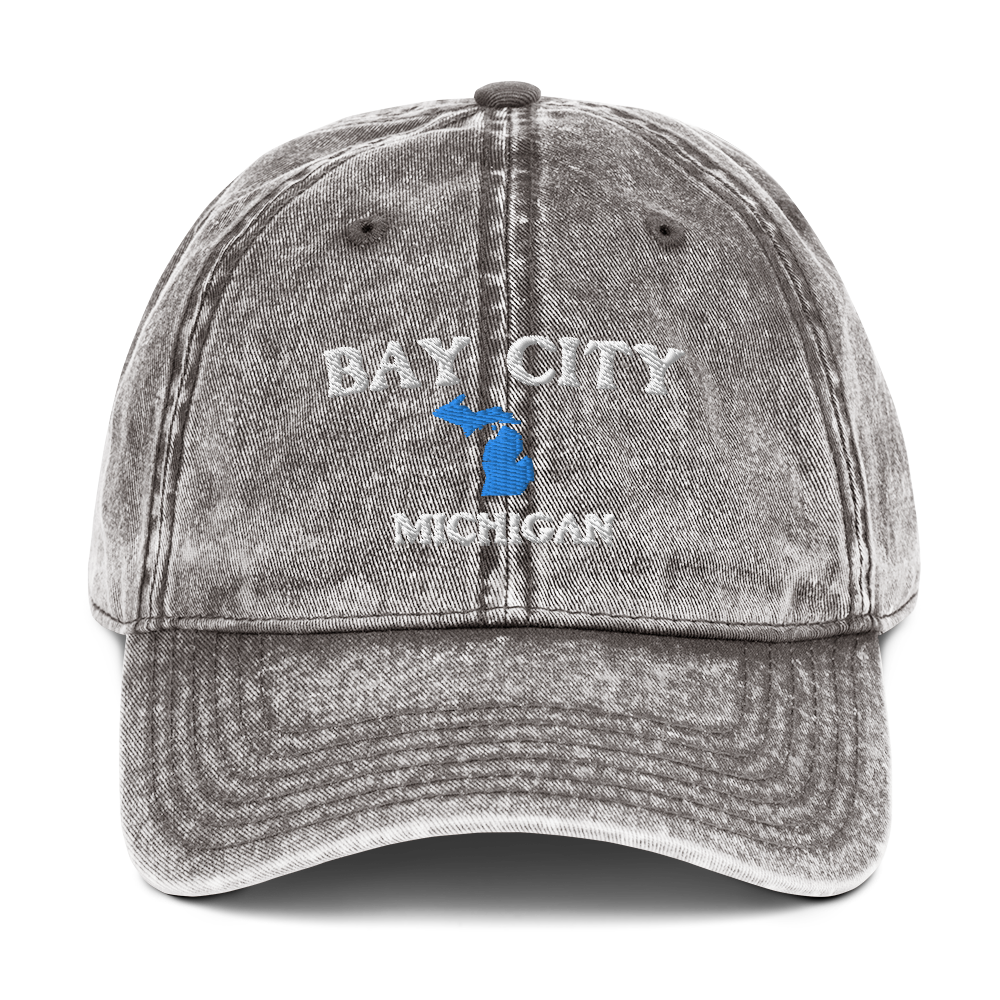 'Bay City Michigan' Vintage Baseball Cap (w/ Michigan Outline)