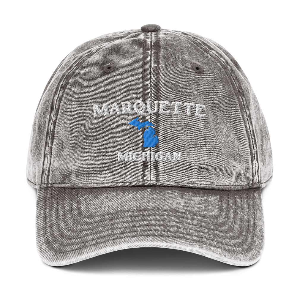 'Marquette Michigan' Vintage Baseball Cap (w/ Michigan Outline)