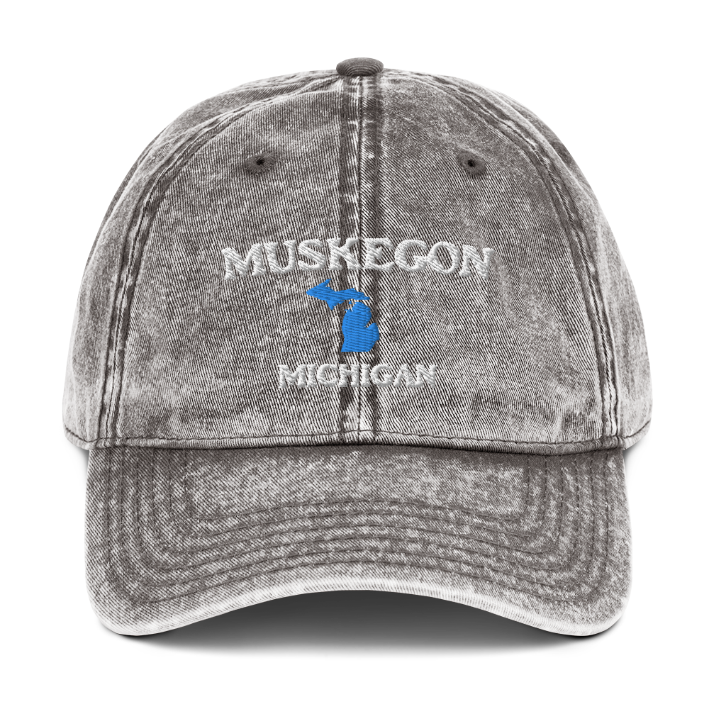 'Muskegon Michigan' Vintage Baseball Cap (w/ Michigan Outline)