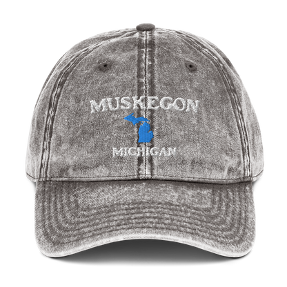 'Muskegon Michigan' Vintage Baseball Cap (w/ Michigan Outline)