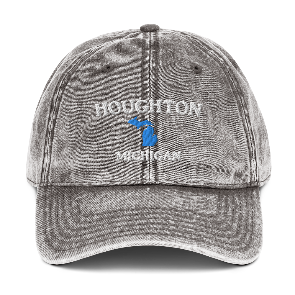 'Houghton Michigan' Vintage Baseball Cap (w/ Michigan Outline)