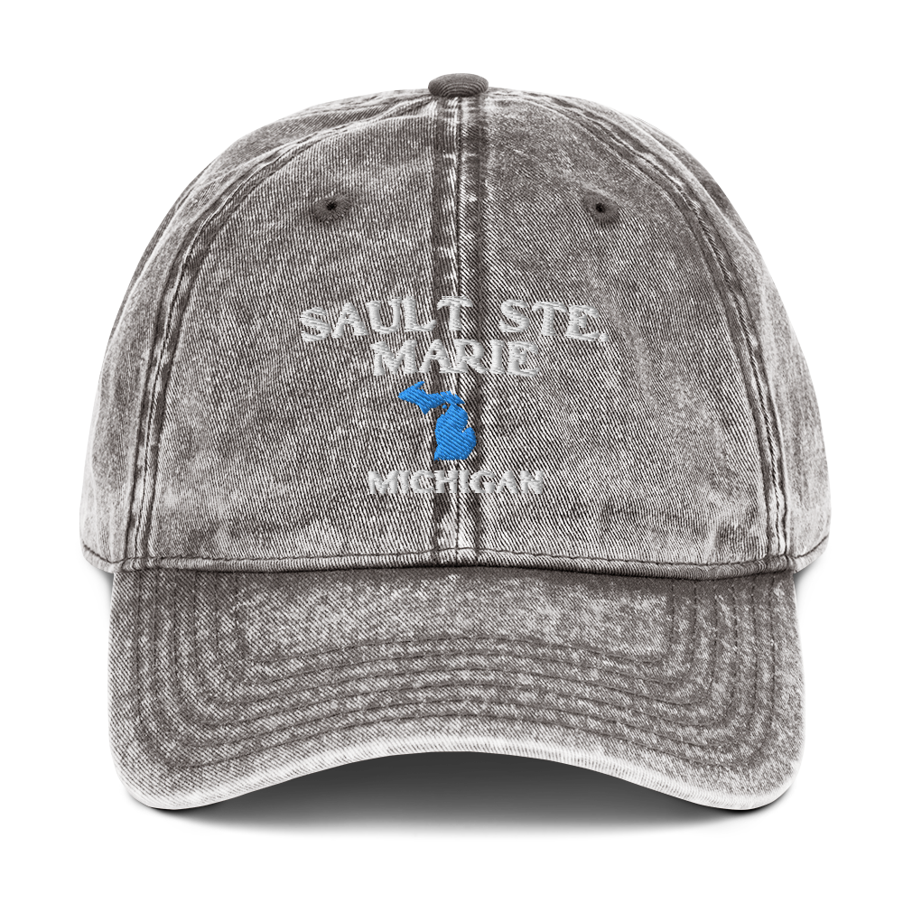 'Sault Ste. Marie' Vintage Baseball Cap (w/ Michigan Outline)