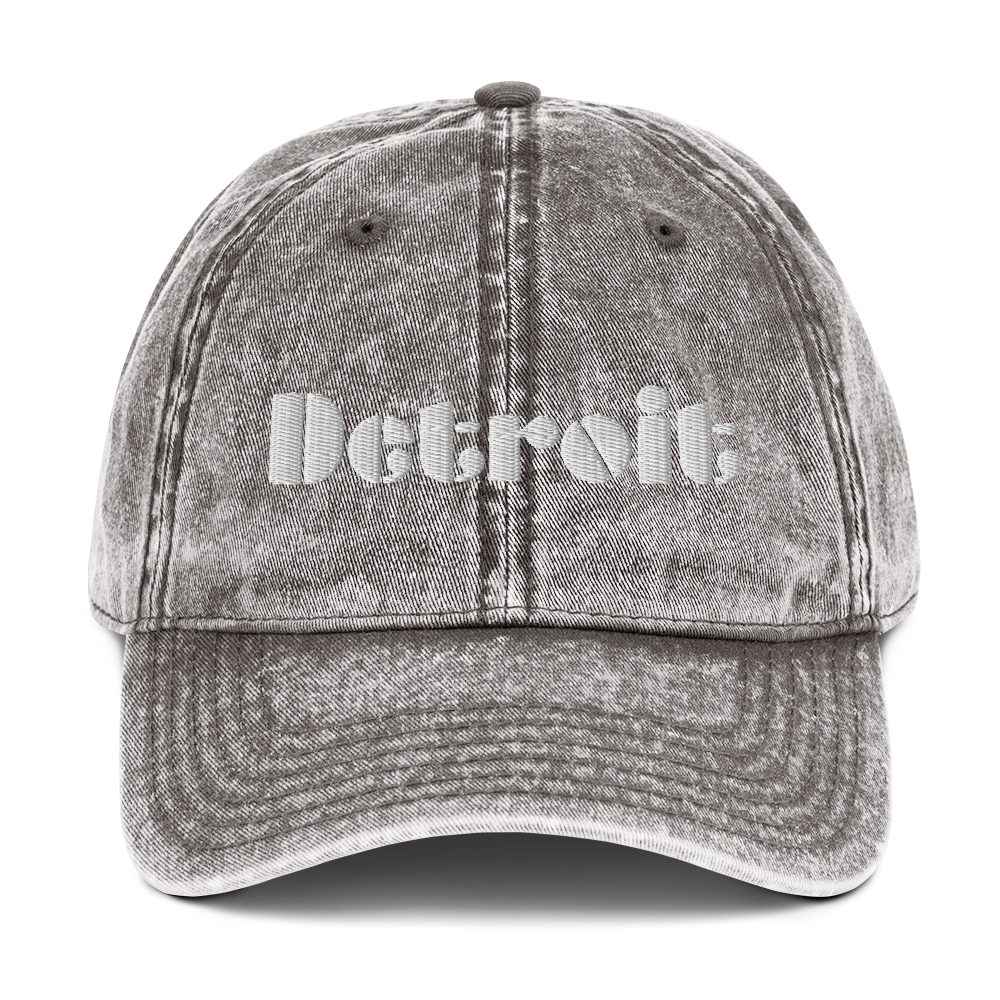 'Detroit' Vintage Baseball Cap (Art Deco Font) | White/Black Embroidery