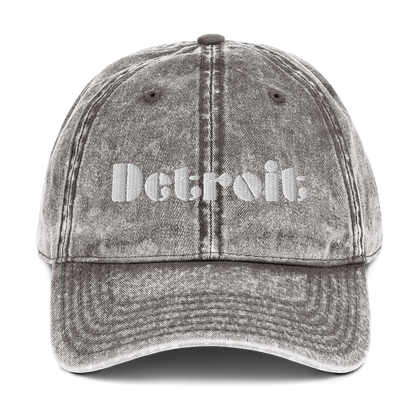 'Detroit' Vintage Baseball Cap (Art Deco Font) | White/Black Embroidery