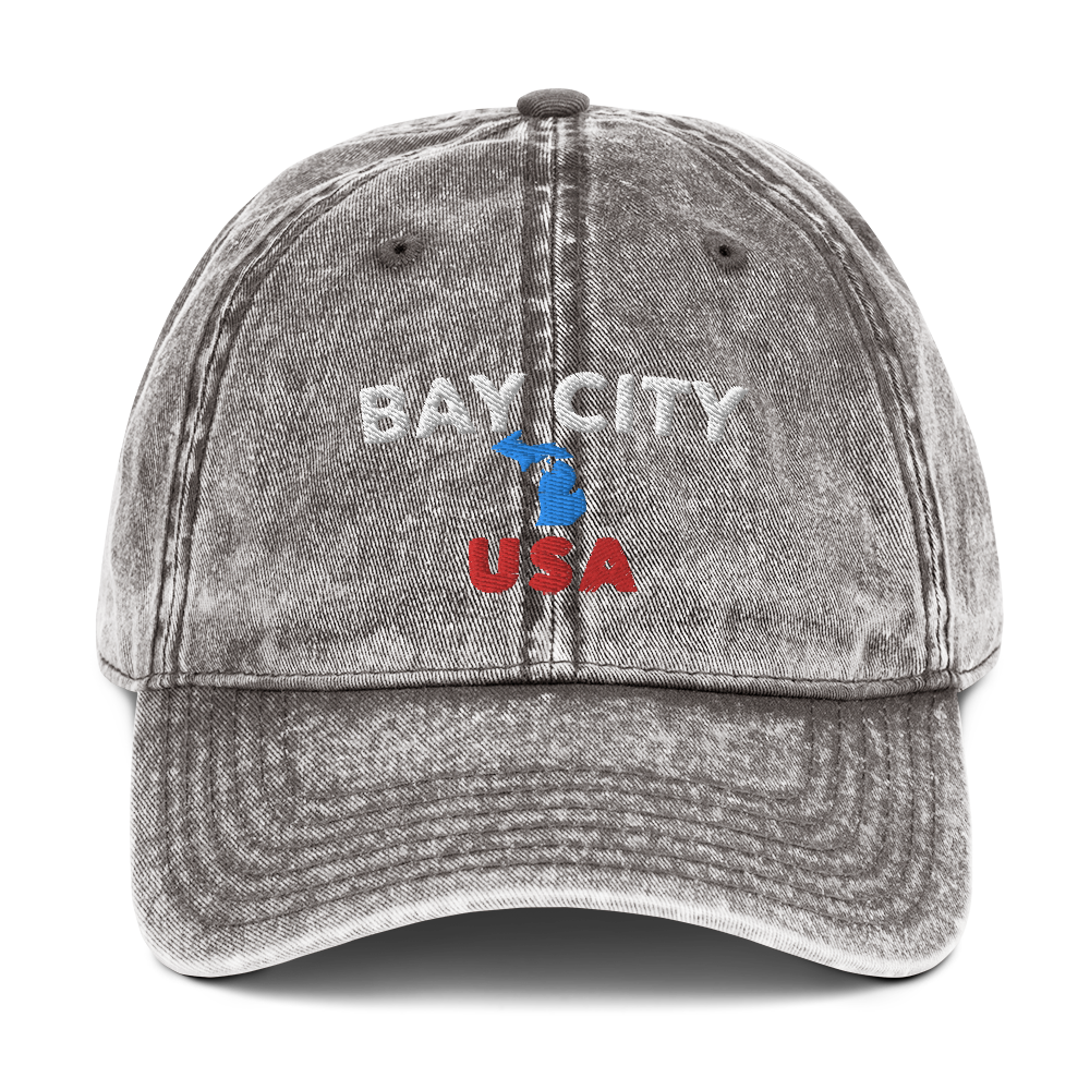 'Bay City USA' Vintage Baseball Cap (w/ Michigan Outline)