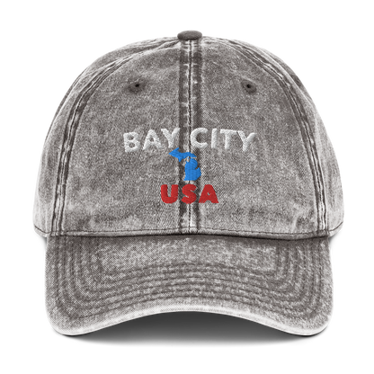 'Bay City USA' Vintage Baseball Cap (w/ Michigan Outline)