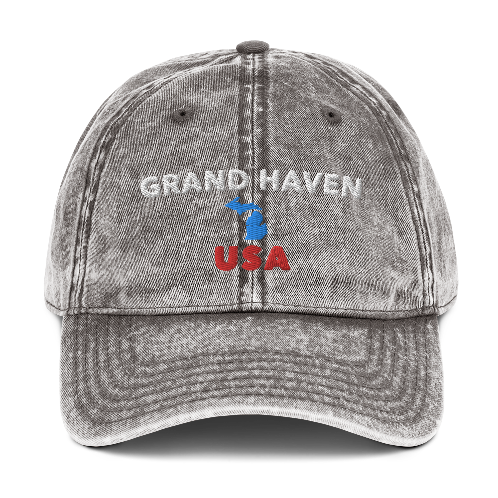 'Grand Haven USA' Vintage Baseball Hat (w/ Michigan Outline)