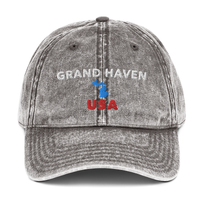 'Grand Haven USA' Vintage Baseball Hat (w/ Michigan Outline)