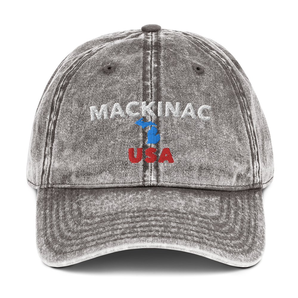 'Mackinac USA' Vintage Baseball Cap (w/ Michigan Outline)